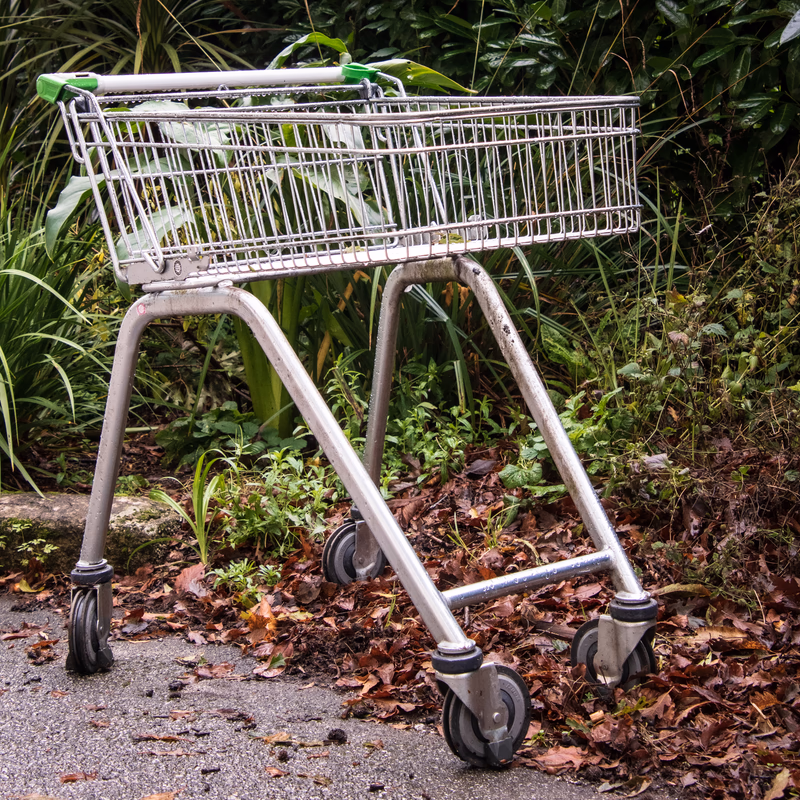 A shopping trolley adrift in fallen leaves.