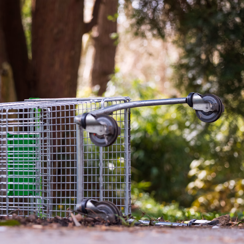 A shopping trolley on its side, stranded on a wooded path.